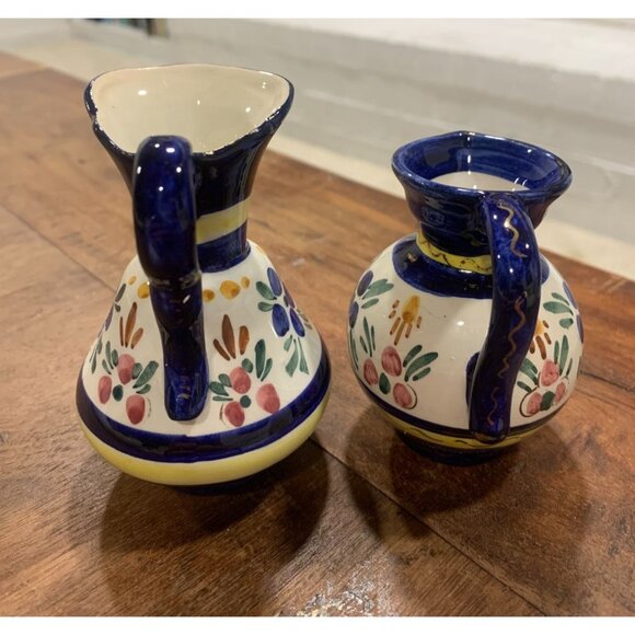 Vtg Cora Handpainted Ceramic Creamer & Sugar Bowl Set Blue & Yellow Floral - Picture 4 of 6